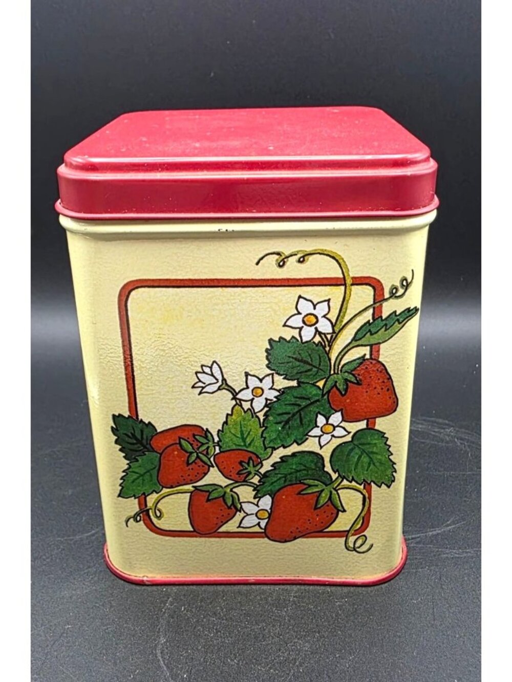 Vintage 1980s Square Strawberry Tin Cottagecore Decor